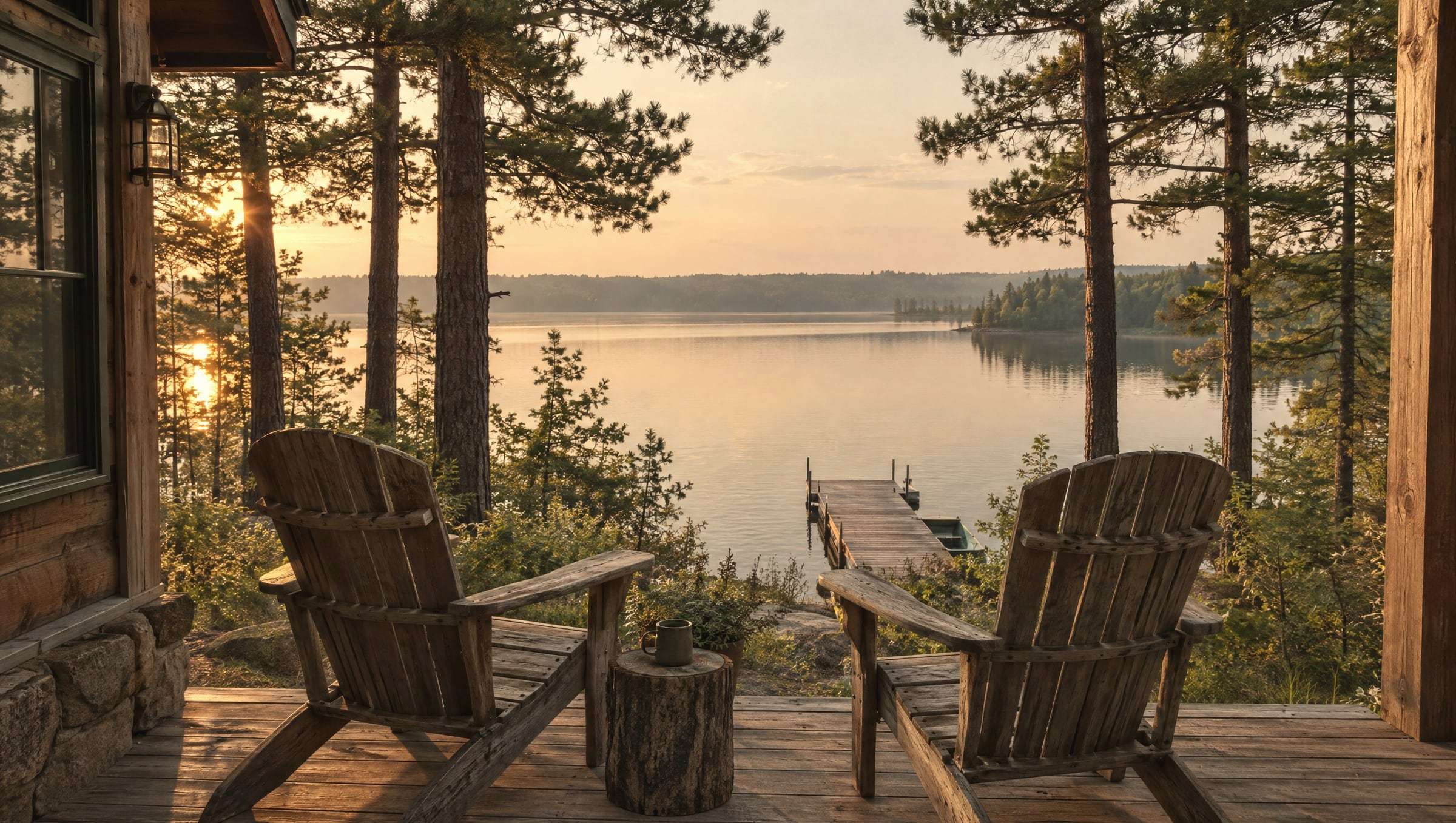 Two Adirondack chairs on a cabin porch overlooking a calm lake and dock at golden hour