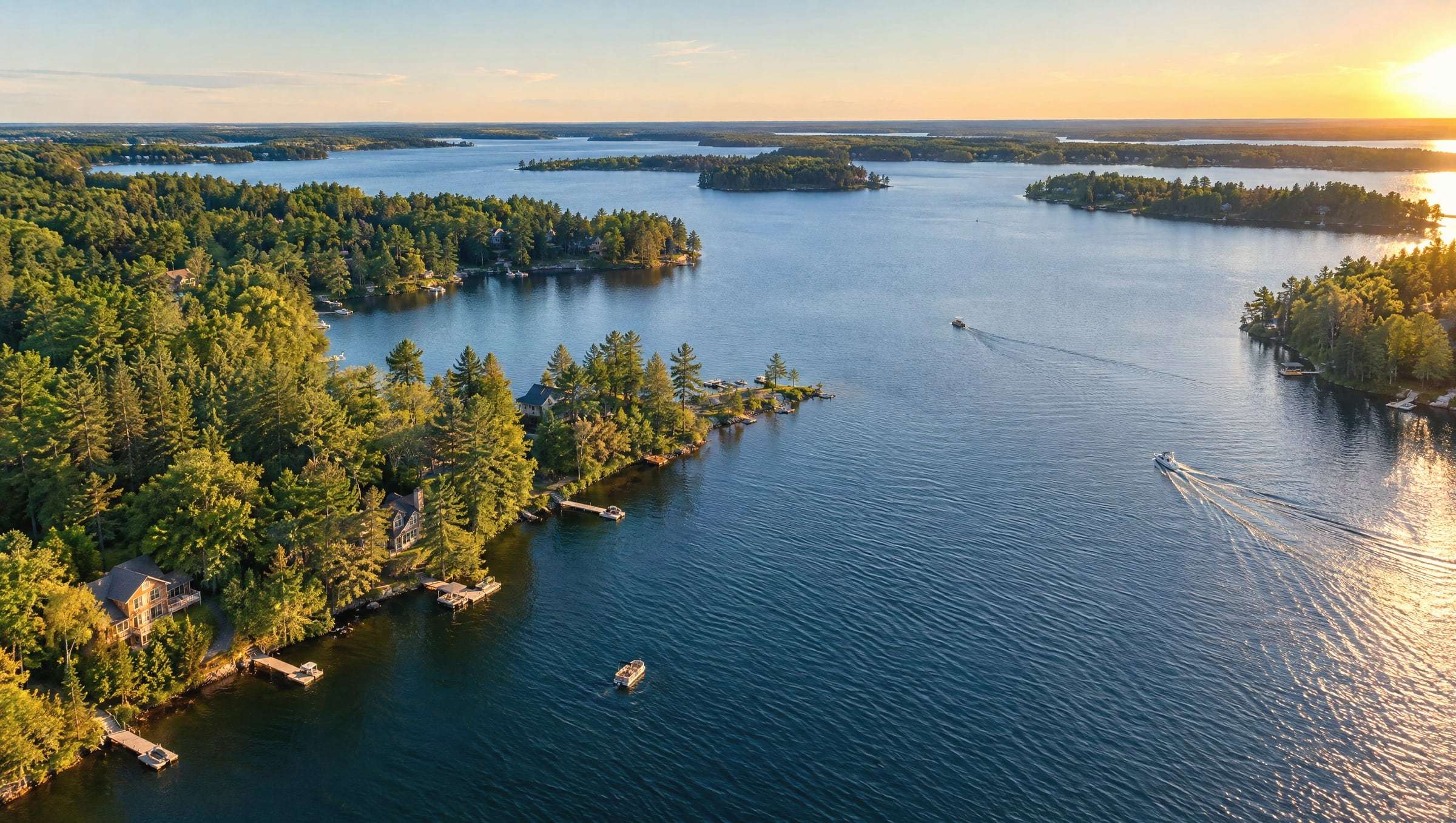 An aerial view of northern Minnesota lake country on a sunny summer evening, with wooded points, docks and boats