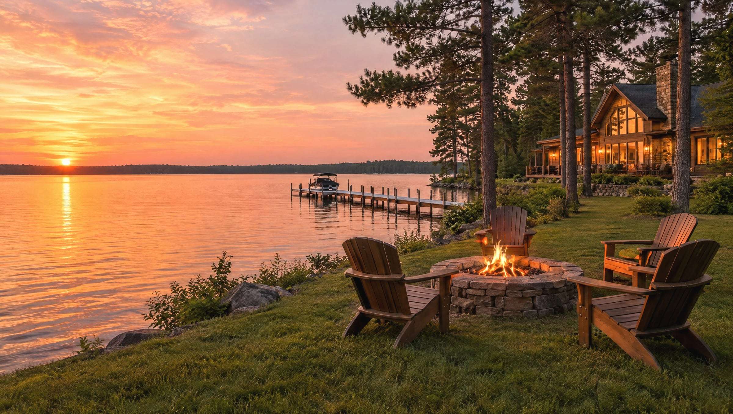 A stone fire pit and Adirondack chairs on a lakeside lawn at sunset, with a dock and a warmly lit lake home
