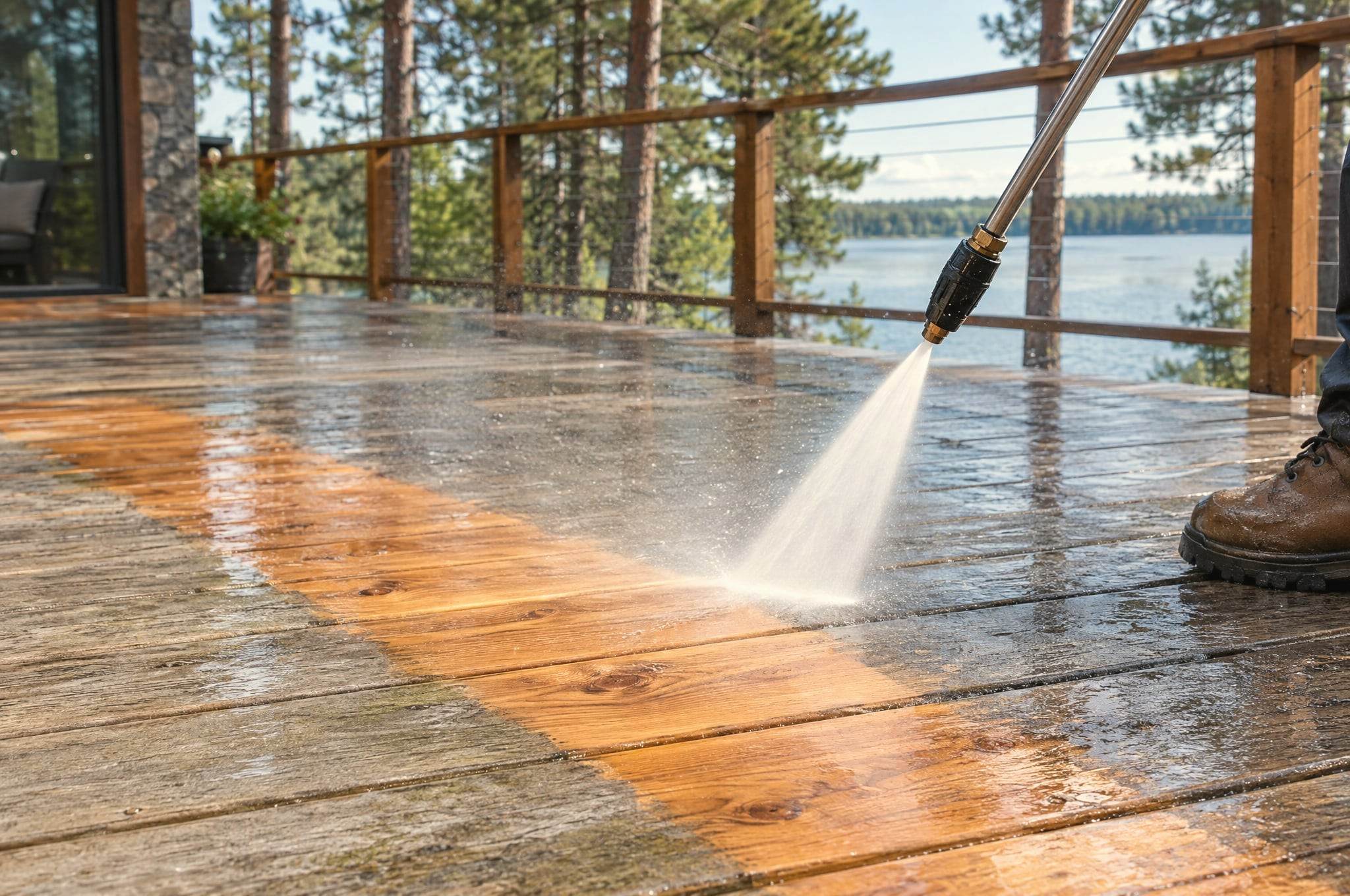 A lake home cedar deck being power washed, a clean stripe showing the difference
