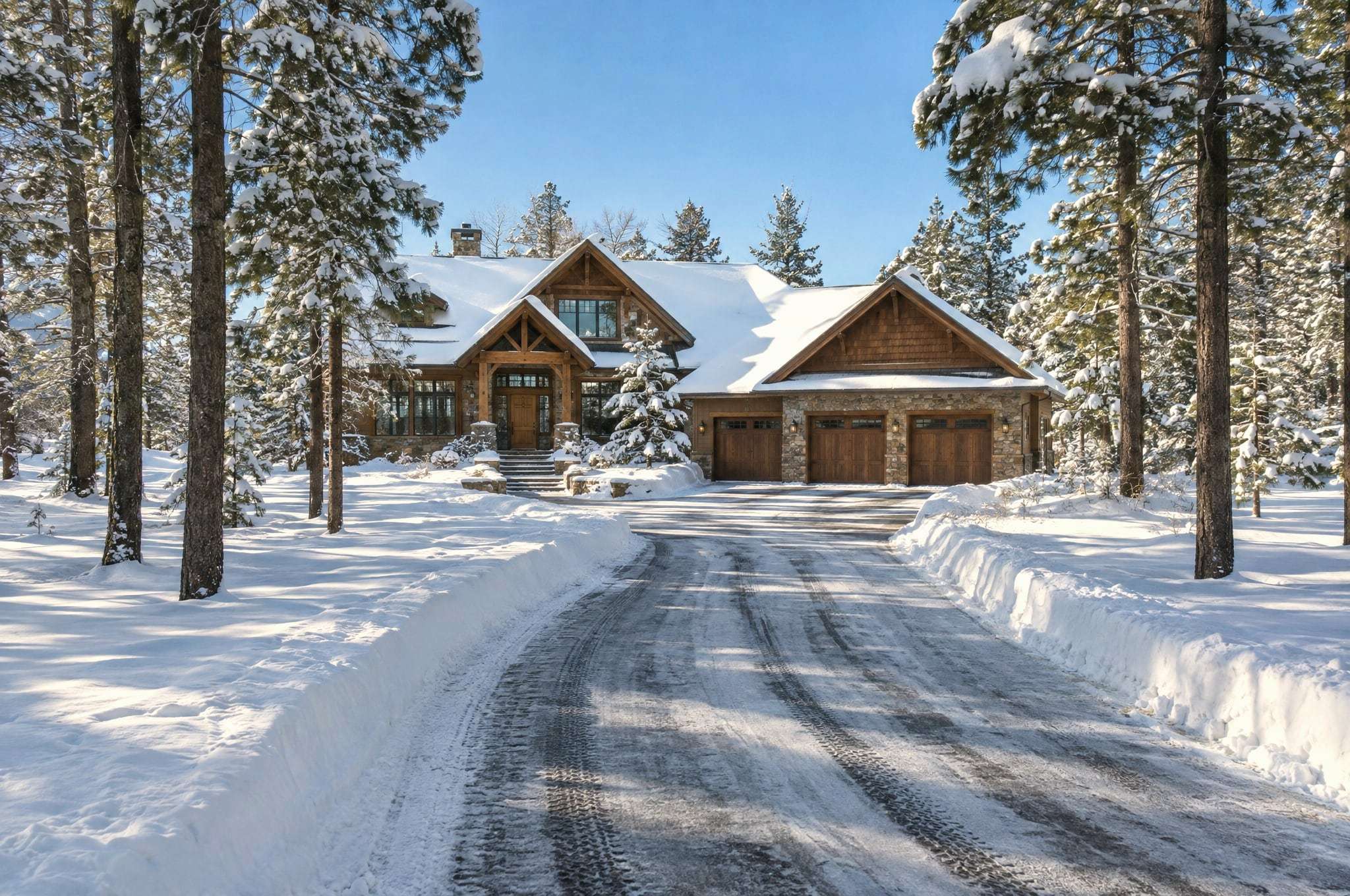 A freshly plowed drive through snowy pines leading to a timber and stone lake home
