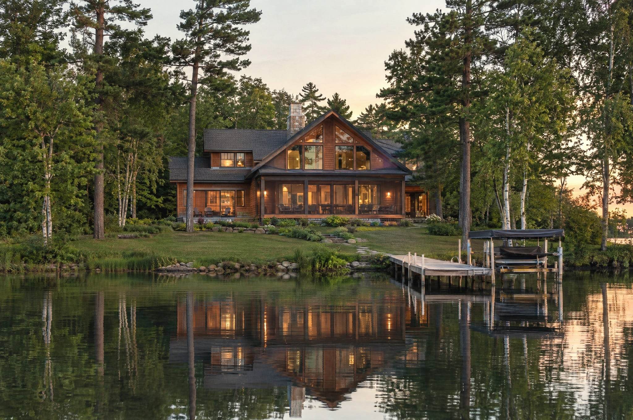 A cedar lake home with a screened porch, lawn and dock with a boat lift on a calm summer evening