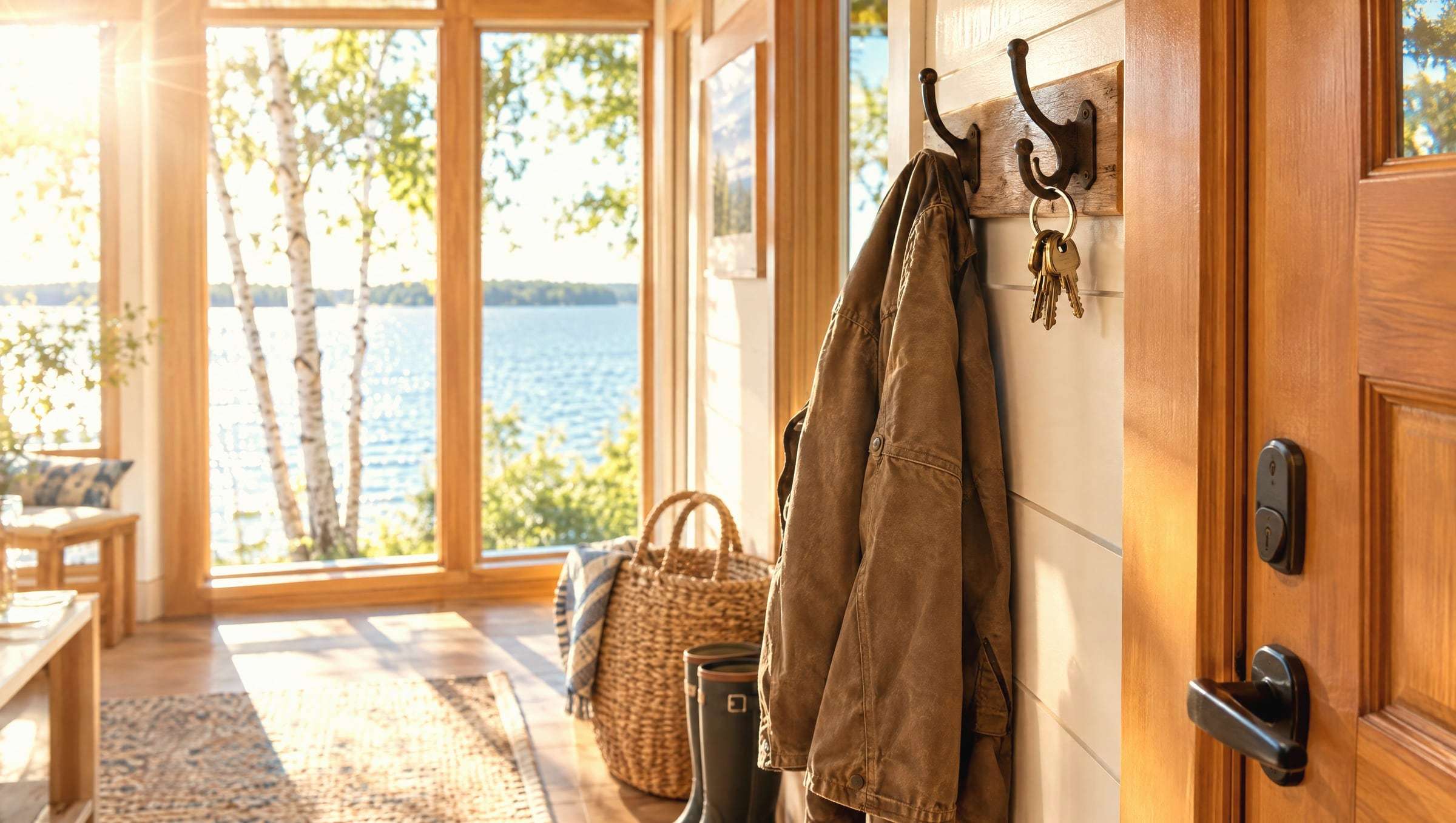 House keys and a work jacket hanging by the front door of a sunlit lake home, with birch trees and a sparkling lake outside