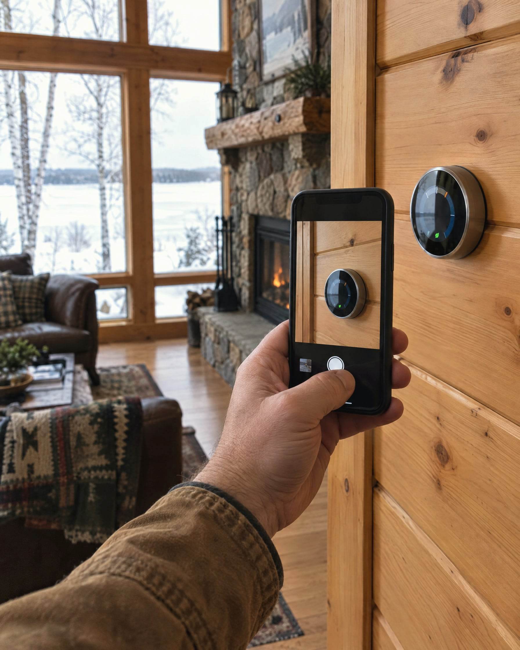 A hand photographing a cabin thermostat with a phone during a weekly cabin check