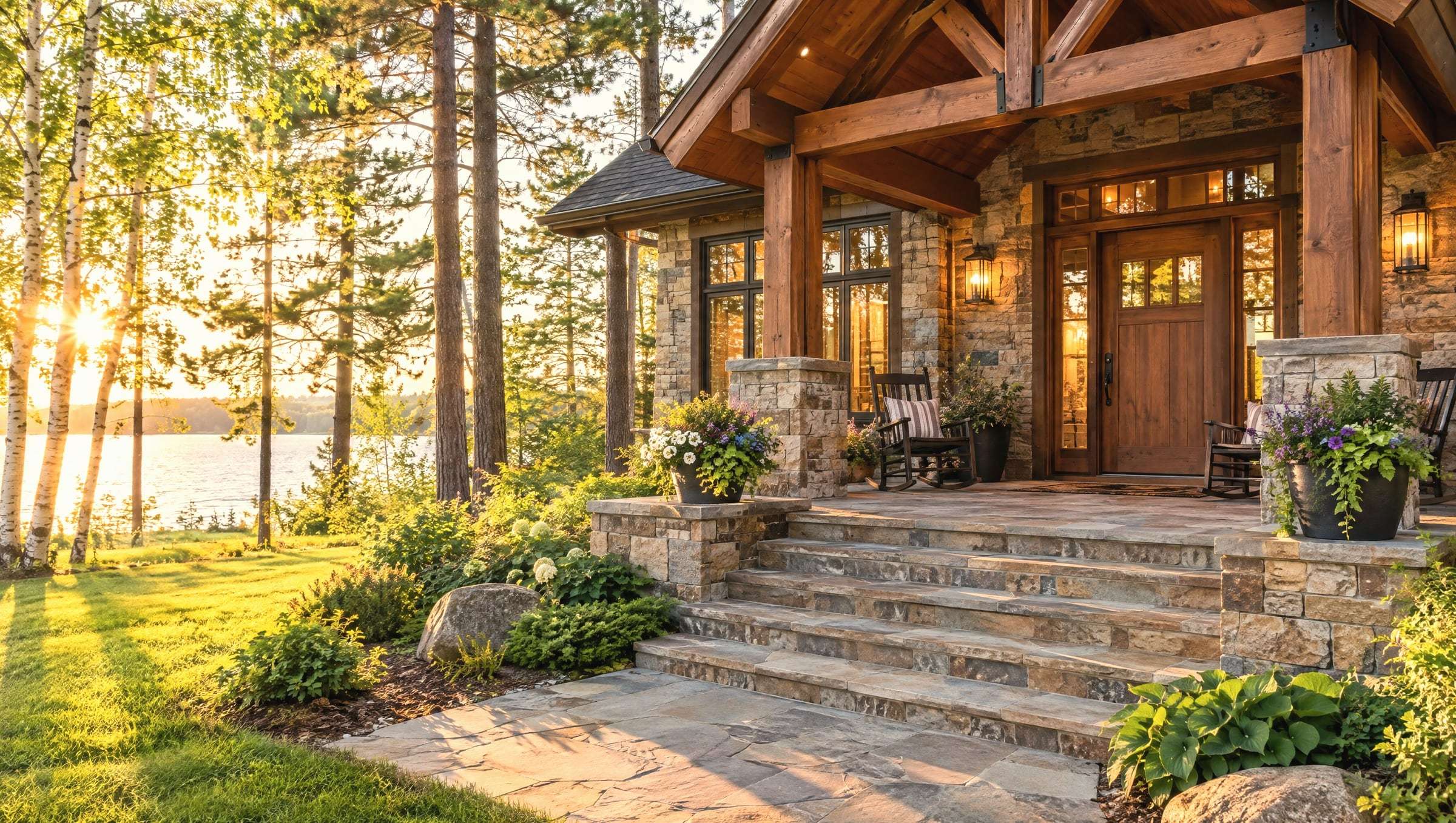 The welcoming stone and timber front porch of a lake home with rocking chairs, flowers and warm lanterns at golden hour